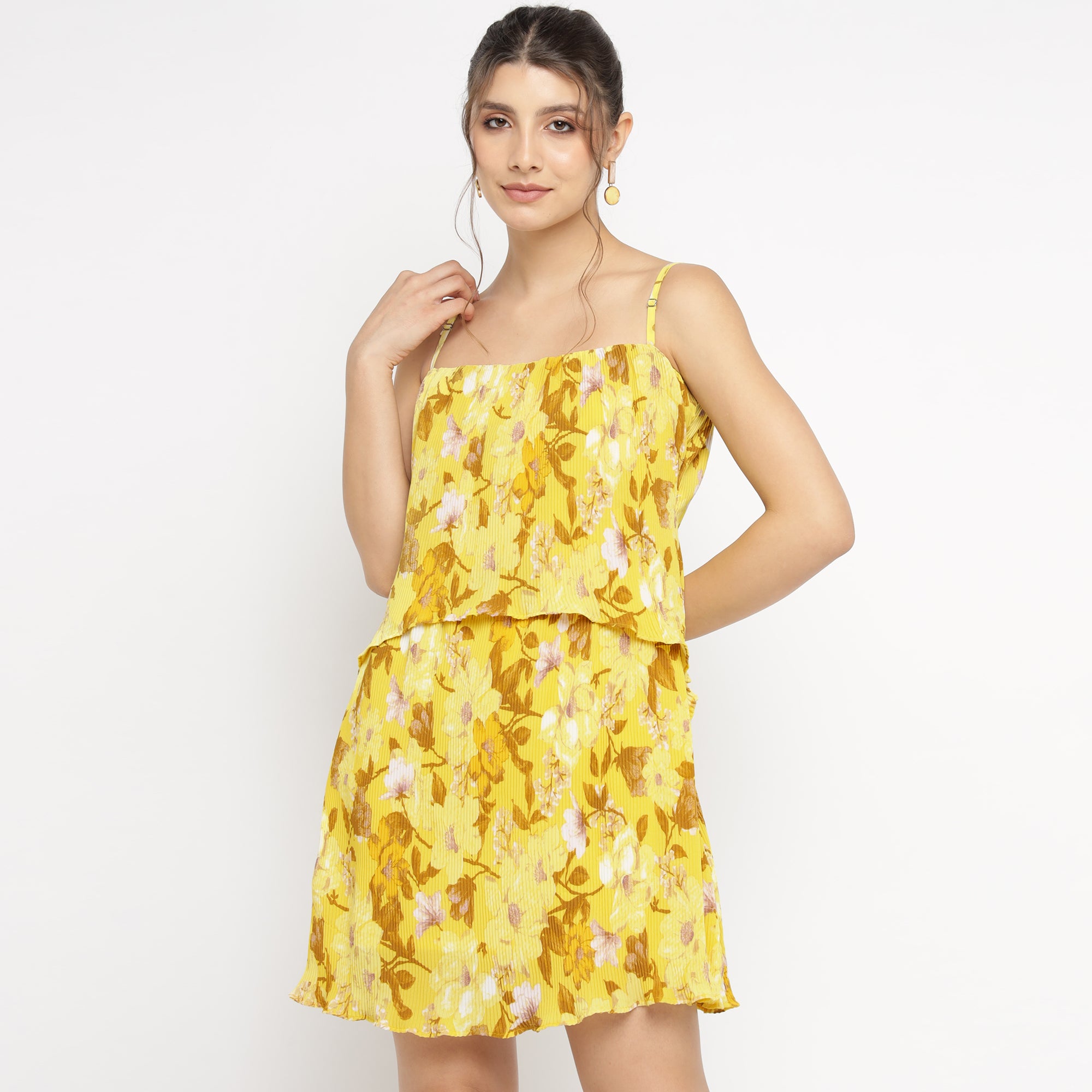 Mustard Yellow Layered Mini Dress with Tropical Bloom Print